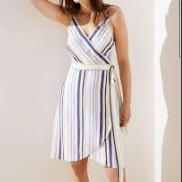 NWT Striped Loft Wrap Mini Dress Size 6 100% Rayon white blue and yellow stripes - Picture 1 of 13